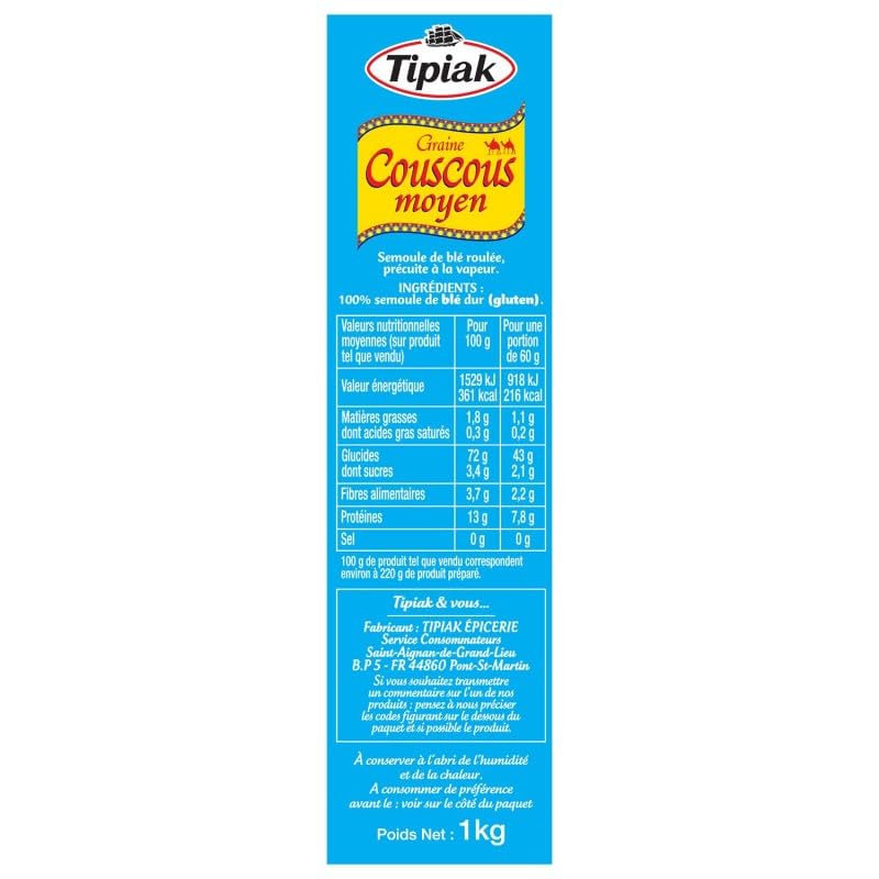 Délice Maghrébin: Couscous Moelleux TIPIAK 1kg | Grains d'Excellence | Parfait pour Recettes Authentiques | Epicerie Fine - Le Lot De 4
