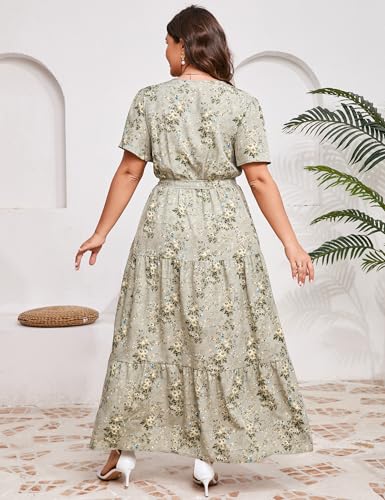 Image of ShopWonder Womens Plus Size V Neck Wrap Maxi Dress High Waist Ruffle Summer Casual Dress with Belt