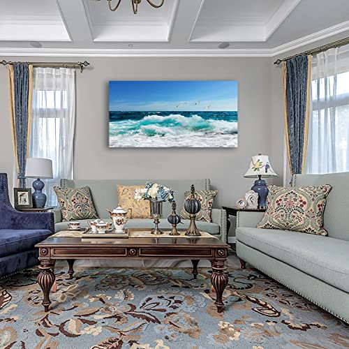 Ocean Waves Canvas Wall Art For Living Room Wall Decor Summer Beach Canvas Pictures Blue Surfing Water Birds On Sea Canvas Prints Artwork Office Home Wall Decorations Framed Ready To Hang 20" X 40" #TOP1