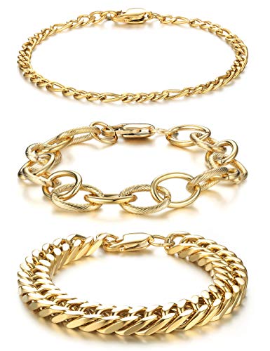 LOYALLOOK 3 Pcs Stainless Steel Gold Tone Bracelets for Women Men Stackable Cuban Link Chain Bracelet Sets 7.5