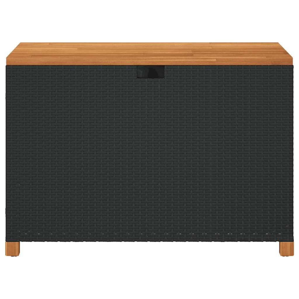 Skrzynia ogrodowa, czarna, 110 x 55 x 63 cm, polirattanowa z blatem z drewna akacjowego, odporna na warunki atmosferyczne, skrzynia do siedzenia na taras, balkon, miejsce do przechowywania
