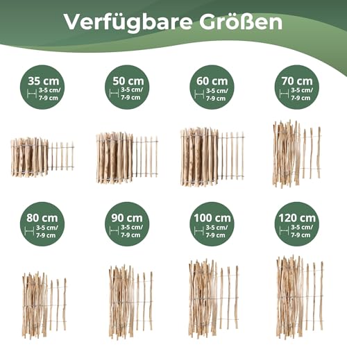 Creative Home Staketenzaun 50cm hoch und 5m lang | Haselnusszaun | Rollzaun | Lattenabstand 7-9 cm | Gartenzaun Holz Holzzaun | Zaun Garten Ideal als Rasenkante Blumenbeet Umrandung aus Haselnuss