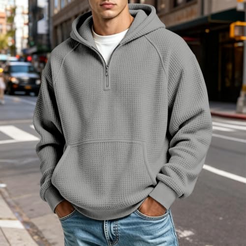 Mens Quarter Zip,Waffle Knit Long Sleeve Men Comfort Quarter Zip V Neck Sweatshirt 2026 Trendy Casual Loose Fit Golf Henley Hoodies,Grey,L - image 3