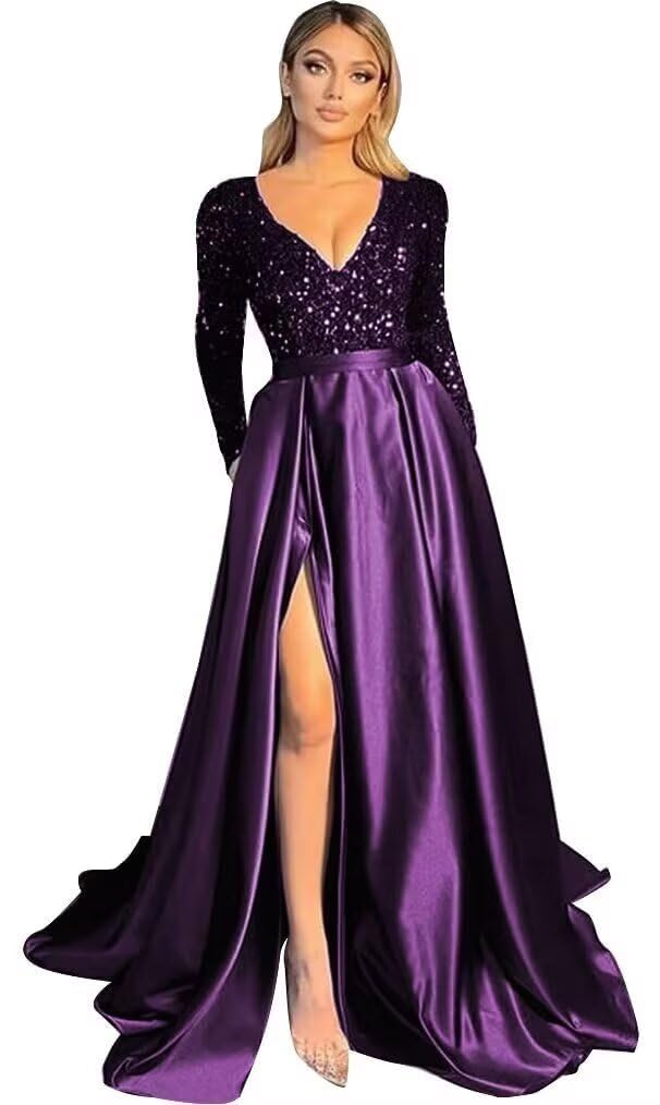 Rjer Long Sleeve Sequin Prom Dresses Satin Ball Gown Slit V Neck Formal Evening Gowns with Pockets