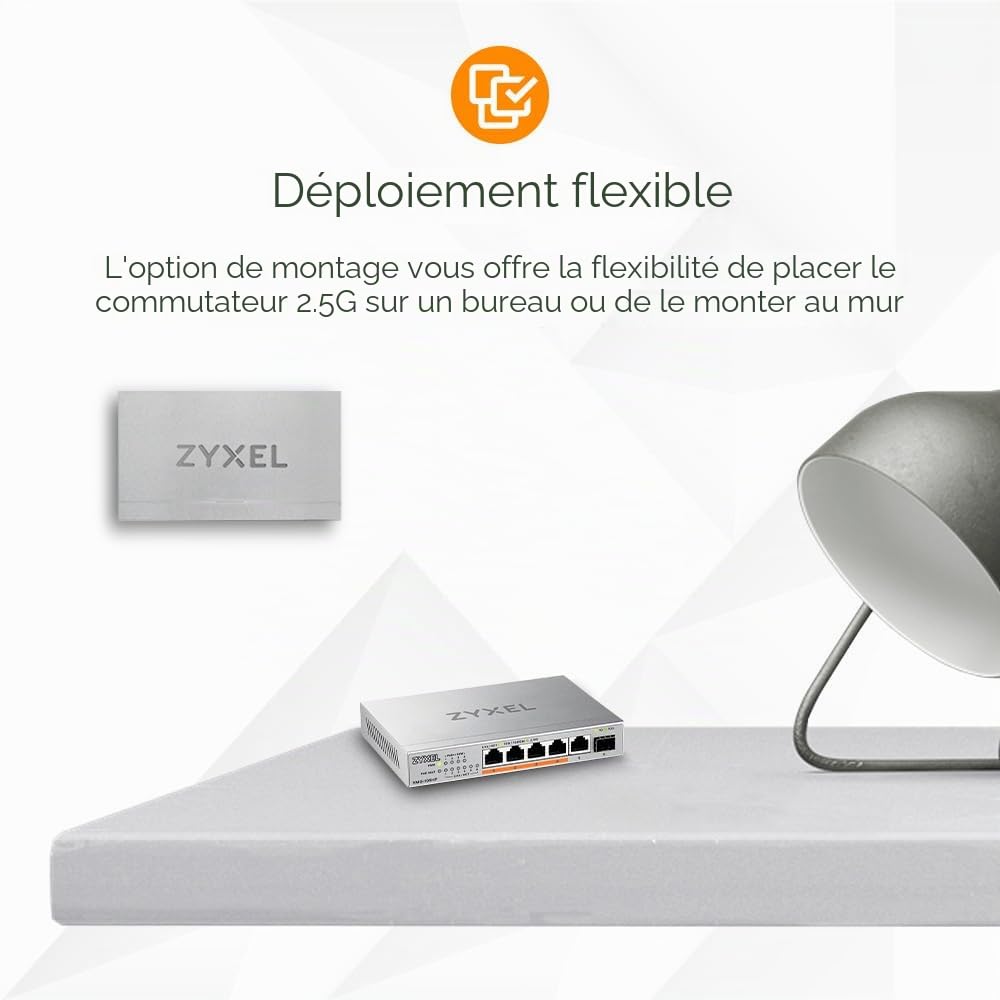 Zyxel 5-Port PoE 2.5G Multi-Gig Unmanaged Switch @ 70W avec 4 x PoE++(60W) | 1 x 10G SFP+ | Desktop ou Wall Mount [XMG-105HP]