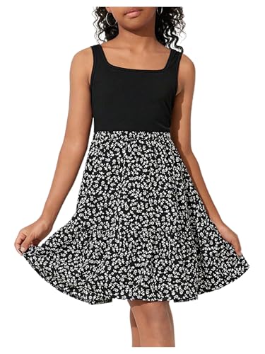 Floerns Girl's Floral Patchwork A Line Tank Dress Square Neck Sleeveless Short Dresses