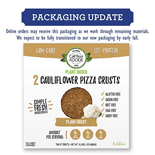 Cali\'flour Foods Plant-Based Pizza Crust (Plain, 2 Boxes, 4 Crusts) - Fresh Cauliflower Base | Vegan, Low Carb, High Protein, Gluten and Grain Free | Paleo Friendly