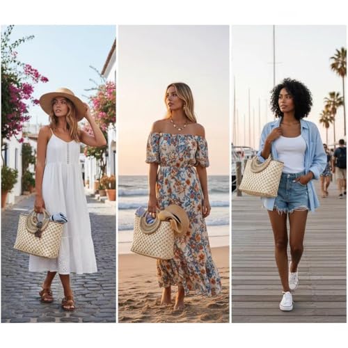 Bolso de paja retro verano mujer beige miniatura 7
