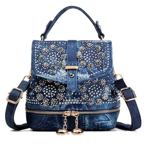 YeFine Bling Rhinestone Backpack Purses for Women Mini Crossbody Bag Sparkling Crystal Fashion Handbag (Rhinestone Backpack Blue), Small, YF-005RBB
