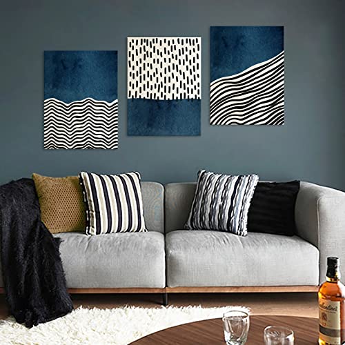 Artewoods Wall Art Canvas Set Mid Century Boho Picture Modern Abstract Geometric Lines Wall Decor Minimalist Black Indigo Canvas Painting Artwork Living Room Bedroom Home Office 12"X16"X3 #TOP2