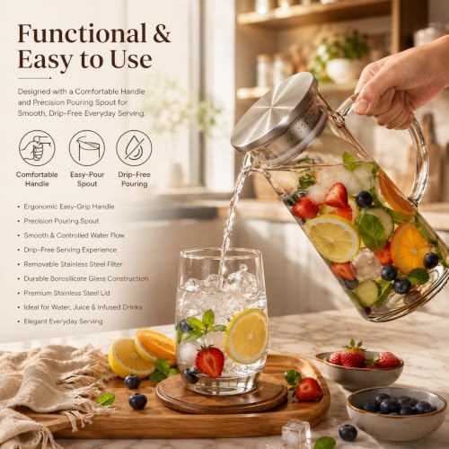 Image of Wringo Premium Glass Waters Jugs - 1.2 LTR, (Set of 1) Transparent, Hot Cold Water Glass Pitcher with Steel Lid Water Jug, Iced Tea, Milk and Juice Beverage Carafe, Lemon Jug 1200ML (WQ-02)