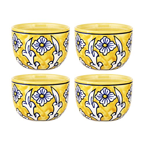 Image of KITTENS Ceramic Bowl Set of 4 (300ml) - Hand Painted Yellow Floral - Microwave & Dishwasher Safe - BPA-Free, Food Grade - Ideal for Soup, Snacks, Maggi & Gifting