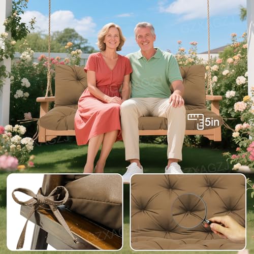 Image of Waterproof Outdoor Swing Cushions 2-3 Seater Replacement Thicken 5 inch Porch Swing Cushions 48 inch Bench Swing Cushion with Backres and Ties for Outdoor Furniture Patio Backyard Porch(Coffee)