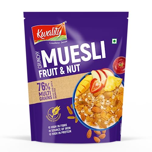 Image of Kwality Muesli Fruit N Nut, 75 g Each (Pack of 2) | 76% Multi Grains, No Maida, Natural Source Of Vitamin & Iron, High In Protein & Fiber, Low Fat & Cholesterol, Healthy Breakfast Cereal (75g x2)