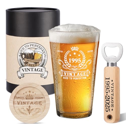 Geschenk zum 30 geburtstag mann, Vintage 1995 Bier Glas, Holz Flaschenöffner, Vintage Bier Geschenkbox, Holz Untersetzer und Grußkarte,30 geburtstag männer geburtstag