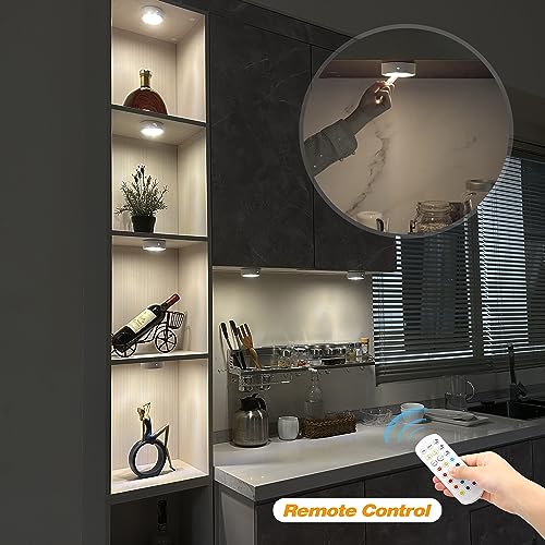Image of Onumii Puck Lights with Remote, Under Cabinet Kitchen Battery Operated Lights, Stick on Shelf Wireless, RGB Color Changing, 2 Pack White