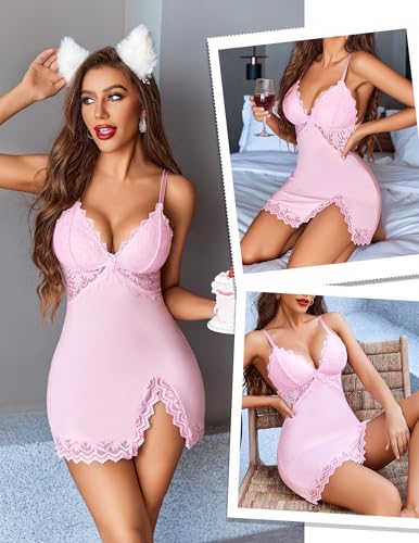 Image of Avidlove Women's Lingerie Lace Nightgown Babydoll Modal Chemise Spaghetti Strap Sleepwear Sexy Slip Side Nightwear