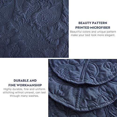Image of HZ & HY Oversized Queen Bedspread, Stitched Paisley Quilt Set Queen Size, Lightweight Reversible Coverlet, Scalloped Edge - Deep Classic Look, 5 Piece, Polar Night