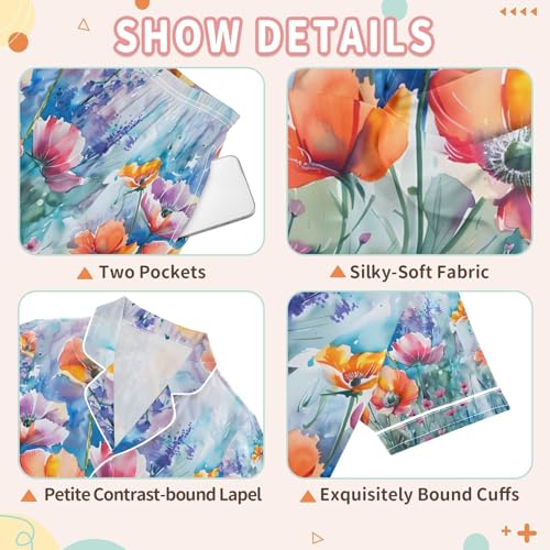 senya Watercolor Flowers A Satin Summer Pajama Sets Silk Short Sleeve Button Down Sleepwear3
