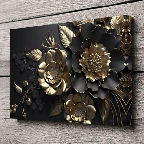 Affiches vintage de peinture murale florale dorée et noire pour décoration d'intérieur chic