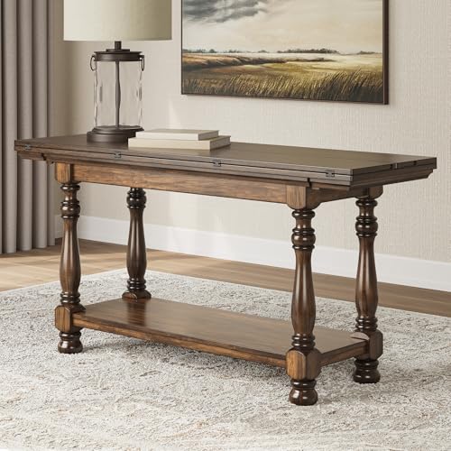 Image of Signature Design by Ashley Sturlayne Flip Top Sofa Table, Expandable Console to Dining Table, Drop Leaf Design with Hardwood Solids, Space-Saving Multi-Use Furniture for Living Room, Brown