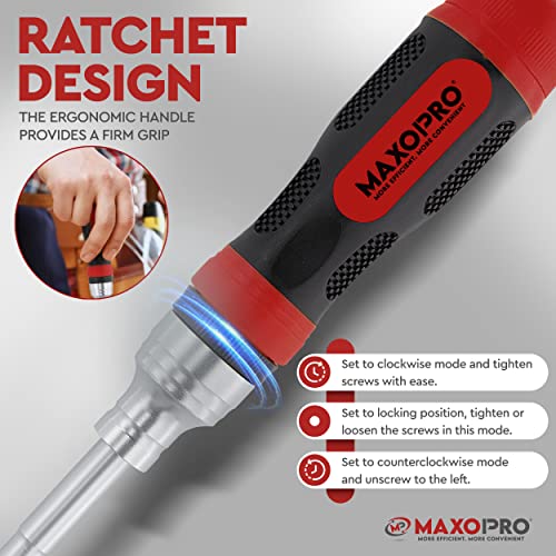 Maxopro Ratcheting Multi Screwdriver With Magnetic Tips - 19 In 1 Ratchet Screwdriver Set - Portable And Multipurpose All In One Screwdriver, Phillips/Slotted/Torx-Star/Hex/Square Bits #TOP2