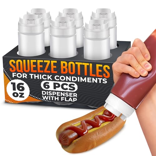 16 oz Condiment Squeeze Bottles Set of 6 Wide-Mouth Clear Dispenser with Inverted Self-Closing Valve Refillable Squeeze Bottles for Sauces BBQ Ketchup Mustard Mayo Dressing Kitchen Picnic