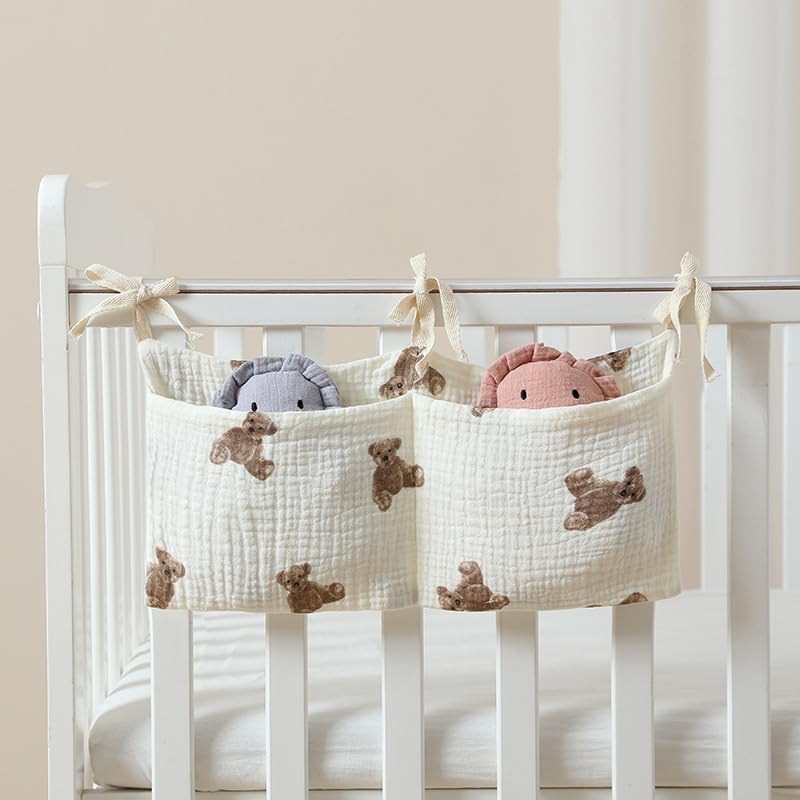 2Pcs White Bedside Hanging Bags Milk Bottle Bib-Storage Crib Organizer Baby Nappy-Dormitory Bed-Bunk Organizing Bag Nappy- Organizer, Little Bear Nursery Hanging Organizers - Image 2