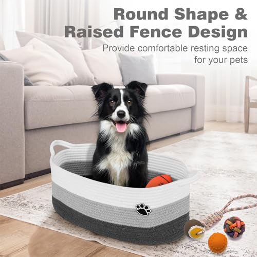 Image of Optish Dog Toy Basket, 30L Toy Box and Bin for Dog Cat Storage, 19.7 inch X 11 inch X 7.9 inch Large Woven Rope Basket for Blankets, Living Room, Bedroom, White & Grey