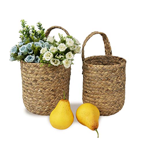 Juego de 2 cestas de pared tejidas a mano para almacenamiento y soporte para macetas, natural de mimbre para almacenamiento frutas y decoración de pared cesta para colgar maceteros para el hogar