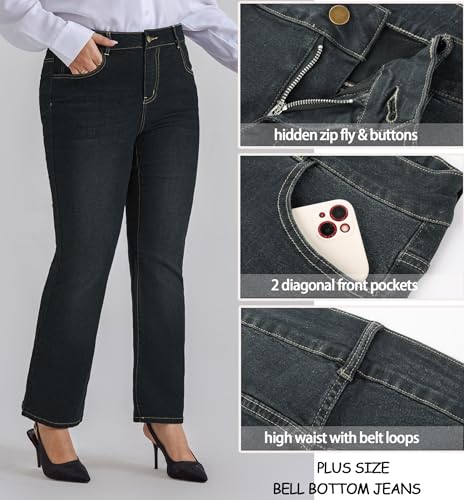 Hanna Nikole Women's Plus Size Wide Flared Jeans High Waisted Stretchy Bell Bottom Denim Jeans (Standard and Plus)