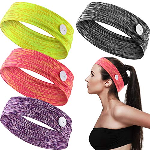 4 Pieces Elastic Buttons Headbands Yoga Sports Hairbands with Buttons Wide Non-slip Headband for Nurses Doctors Women Men Sports Running Travel Fitness (Black, Purple, Fluorescent Green, Orange)