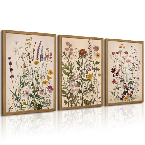 Vintage Botanical Wall Art Floral Canvas Wall Decor Wildflower Prints Boho Flowers Pictures Farmhouse Rustic Poster for Bathroom 12x16 Inch Wood Framed Set of 3