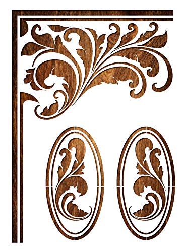 POCHOIR EN PLASTIQUE MYLAR Format A4 (21 * 29.7cm) Feuille d'angle baroque et 2 motifs