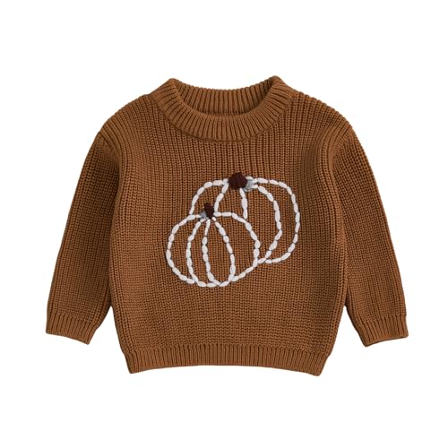 Image of Toddler Baby Girl Boy Halloween Outfit Pumpkin Embroidery Knit Sweater Sweatshirt Outerwear Fall Winter Clothes (Khaki, 3-6 Months)