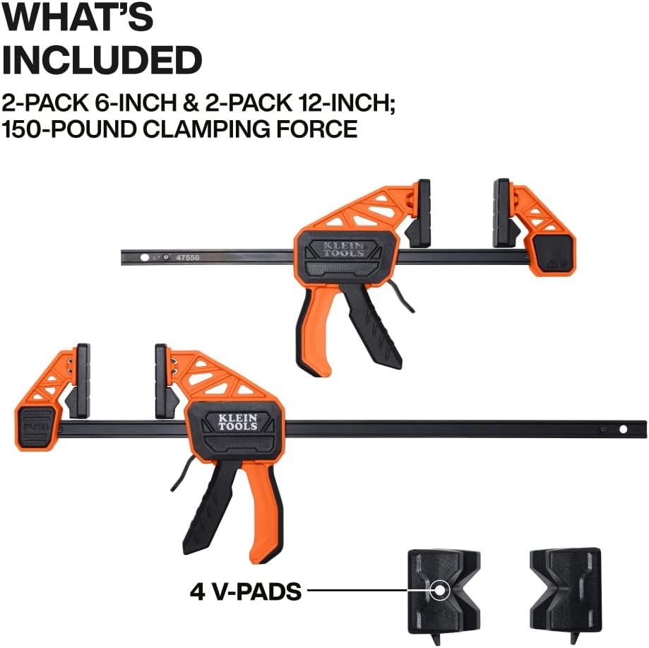 Klein Tools 47552 Bar Clamp, Speed-Klamp 6-Inch and 12-Inch, Clamp/Spreader 4-Pack, 150-Pound Clamping Force, One-Handed-Operation for Woodworking and Metal Projects