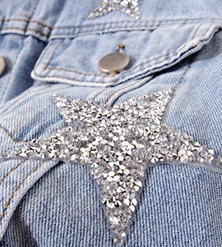 Scofeel Cropped Jean Jacket For Women Regular Fit Embellished Stars Denim Jacket Coat Light Blue, Large #TOP2