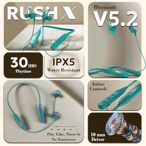 Image of TEMPT Rush X Neckband with 30 Hours of Playback Time, Vibration Alert, BT V5.2, 10mm Drivers with Copper Ring, Crystal Clear Sound (Green)