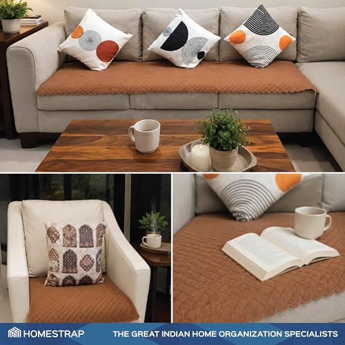 Image of HomeStrap 2 Single Seater Sofa Cover Set (1+1 Seater) | Quilted Velvet Fabric with Polyester Back | Soft Lint-Free Sofa Cover for Living Room | Dust & Scratch Protection | Brown