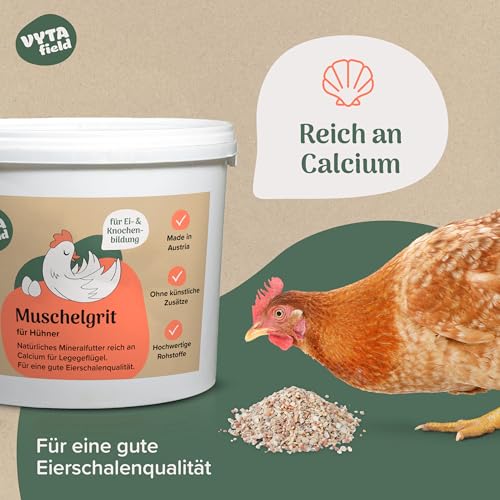 VYTAfield® Muschelgrit für Hühner | Natürlicher Futterkalk für Geflügel | Reich an Calcium | Grit für Hühner & Vögel | 5kg Mineralfutter | Ohne künstliche Zusätze | Made in Austria
