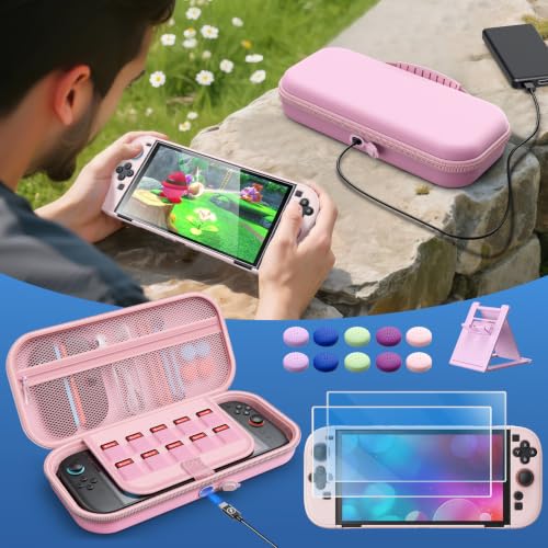 Image of Auarte [Charge Inside Switch 2 Carrying Case for Nintendo Switch 2 | Slim Travel Carry Cases for Switch 2 Accessories with Protective Cover Case (Pink, for Switch 2, Case Protector 5 in 1 Set)