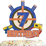 Gun Target Cake Topper Pick for Boys Girls 7th Birthday Dart Bullet War Theme Party Decoration Supplies Gun Shooting Crosshairs Glitter Cake Decor for Cheer to 7 Years Old