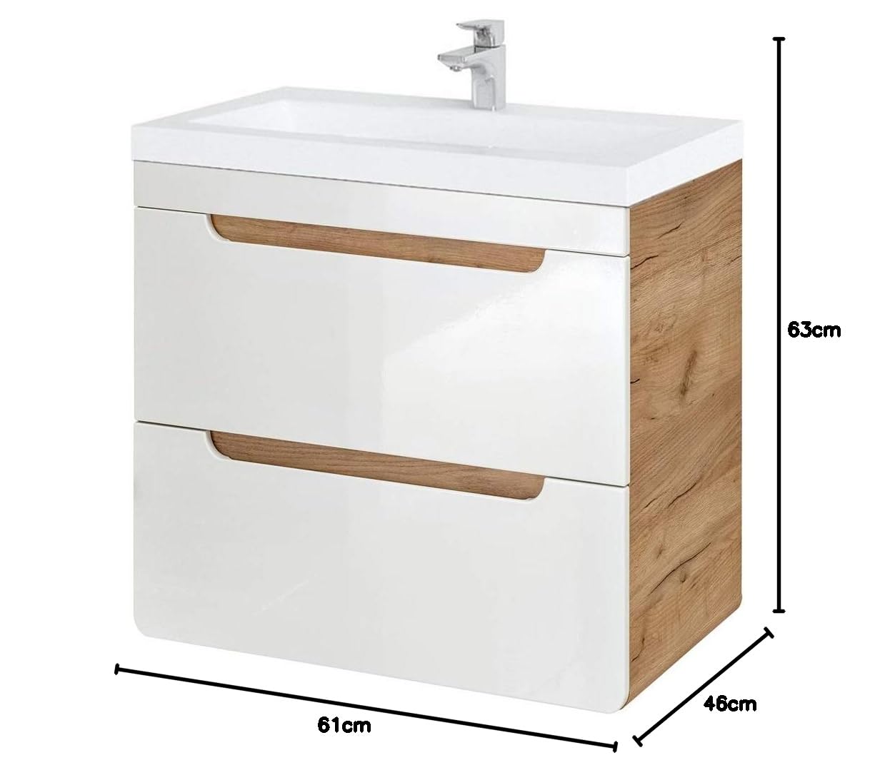 Lomadox Waschtischunterschrank 61 cm mit Keramik-Waschtisch LUTON-56 Hochglanz weiß mit Wotan Eiche Nb. B/H/T ca. 61/63/46 cm