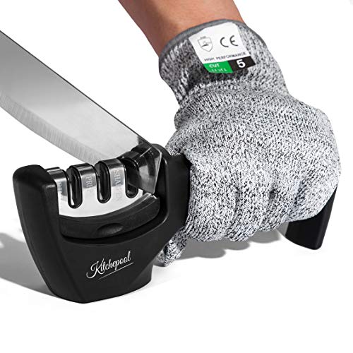 Knife Sharpener 3-Slot Quality Kitchen Knife Accessories to Repair, Grind, Polish Blade,Professional Knife Sharpening Tool for Kitchen Knives ,Easy Manual Sharpener with Cut-Resistant Glove