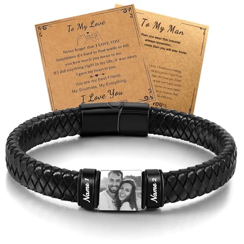 HJX Personalized Picture Bracelet for Men Custom Engraved Bracelets with Photo Name,Valentine's Day To My Man/Love Bracelet Gift for Boyfriend Husband