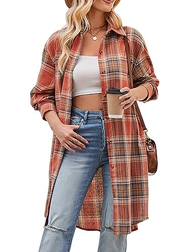 Bozanly Übergroße, mittellange karierte Flanellhemden für Damen, Revers, langärmelig, kariert, Bluse mit Taschen, 01 Orange, Mittel