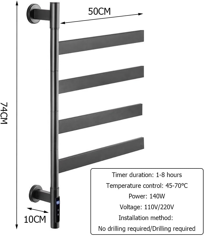 Electric Towel Heated Rack,Rotating Towel Warmer Rack Wall Mounted, 4-Bar Stainless Steel Drying Racks with Timer & Temperature Multi-Level Adjustments,Black