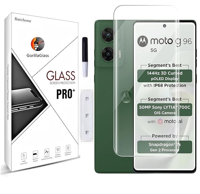 Image of BATCHONE Tempered Glass Screen Protector Compatible For Motorola G96 5G (Transparent) Edge To Edge Full Screen Coverage UV With Easy Installation Kit, Pack of 1