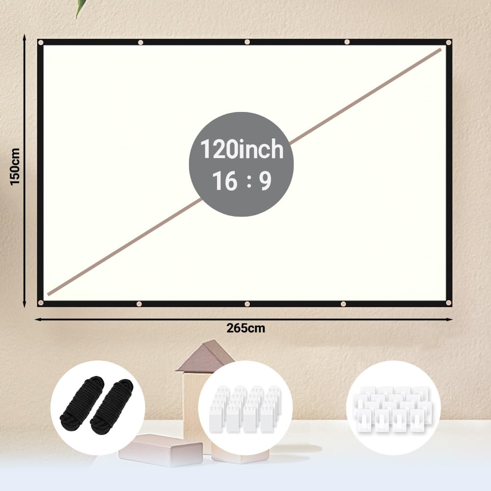 Telo Proiettore 120 Pollici, Schermo Proiettore Portatile 16:9 HD 4K Projector Screen Pieghevole Lavabile, per Letto Esterno Eventi Casa Ufficio