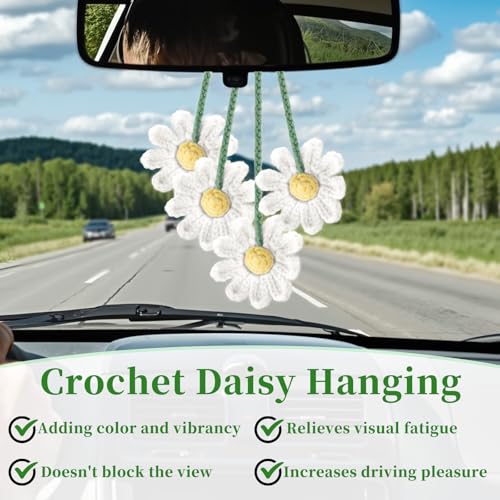 2 PCS Crochet Daisy Car Accessories for Women, Car Rearview Mirror White Flower Hanging Accessories, Handmade Cute Cars Accessory for Women Aesthetic, Cars Interior Decor Accessory Gift (White)